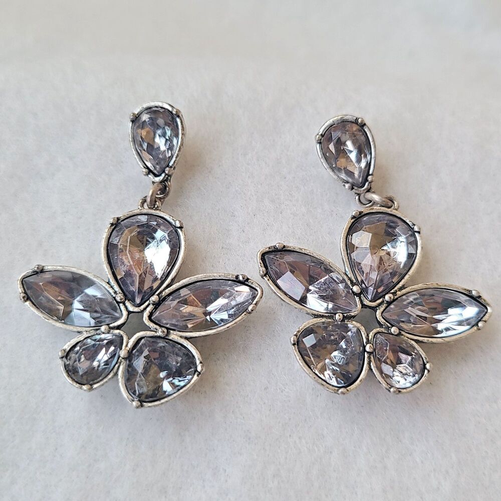 Vintage Rhinestone Smoky Crystal Earrings Dangle Silvertone Whimsigoth Gothic - Picture 2 of 5